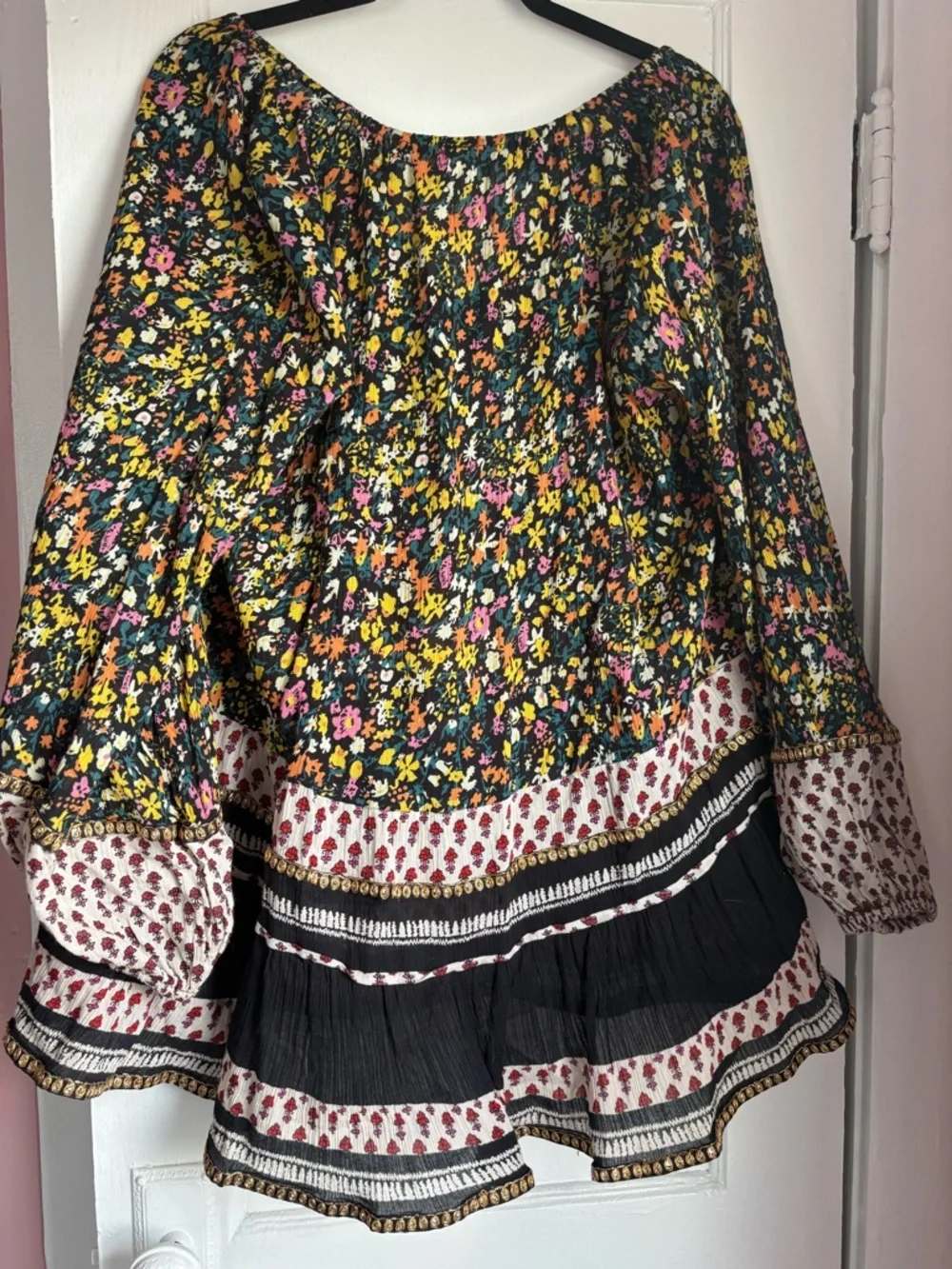 Free People Gardenia Mixed Print Sequin Tunic Blouse Black Small Boho Festival